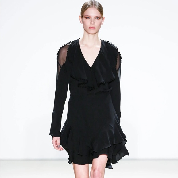 Yigal Azrouël AW16 Black Ruffled Tiered Hem Button Detail 100% Silk Dress Size 8